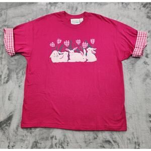 Vintage 90s Brindar Tee Womens XL Pink Puffy Graphic Bunnies Flowers Gingham